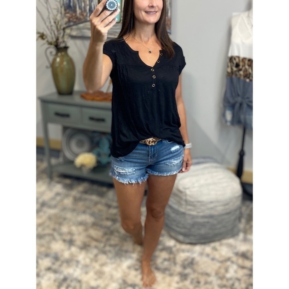 Melange Burnout Henley V-neck Floaty Short Cuffed Tabbed Sleeve Black 3221 - Picture 2 of 13